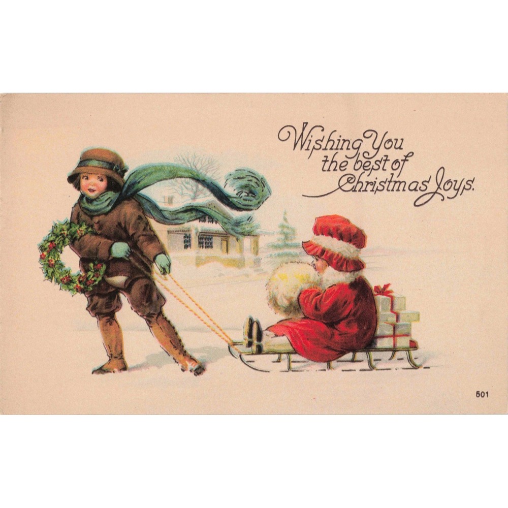 Vintage Christmas Postcard Children Sledding Wreath Unposted Made in USA 501 - Picture 1 of 2
